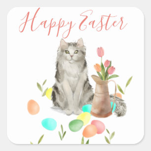 Easter Cat with Eggs and Flowers Spring Stickers