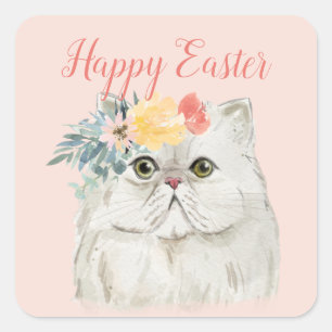 Easter Cat with Spring Flowers Happy Easter Square Sticker