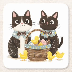 Easter Cats Easter Basket Baby Chicks Square Paper Coaster