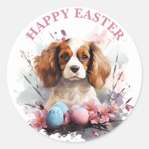 Easter Cavalier King Charles  Eggs and Flowers _   Classic Round Sticker