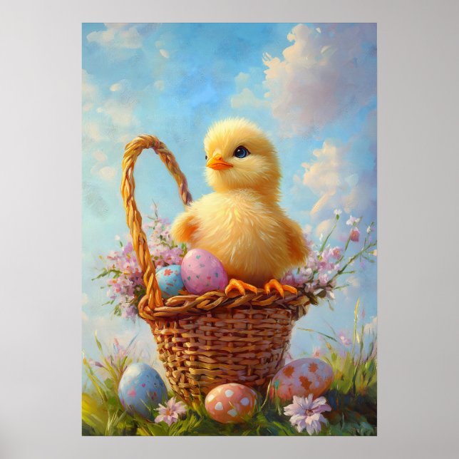 Easter Chick Basket Eggs Painting Poster (Front)