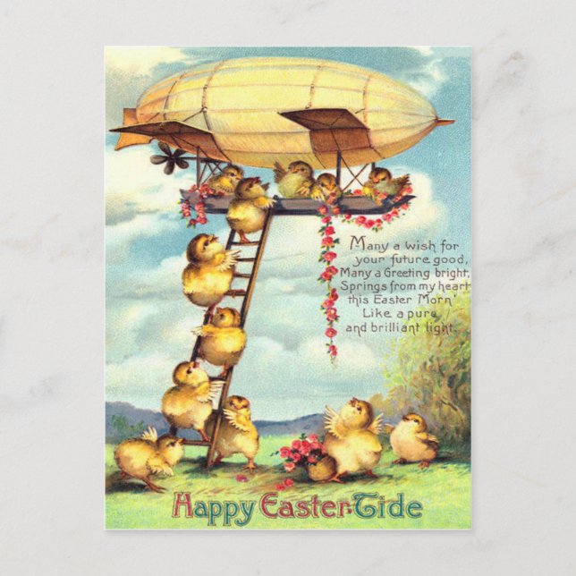 Easter Chick Blimp Zeppelin Flower Holiday Postcard (Front)