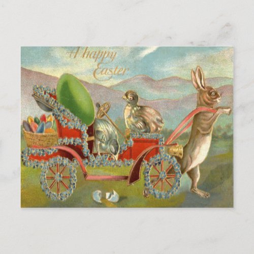 Easter Chick Bunny Egg Car Forget Me Not Holiday Postcard