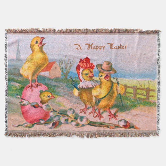 Easter Chick Colored Egg Cotton Throw Blanket (Front)