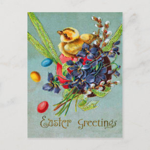 Easter Chick Colored Egg Purple Iris Holiday Postcard