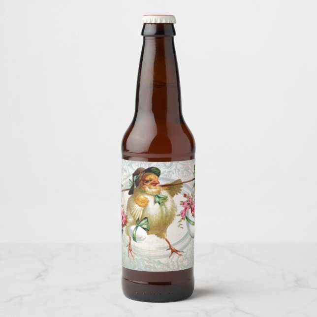 Easter Chick Delivering Flowers Beer Bottle Label (Front)