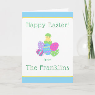 EASTER Chick Eggs and Bright Blue Greeting NAME Note Card