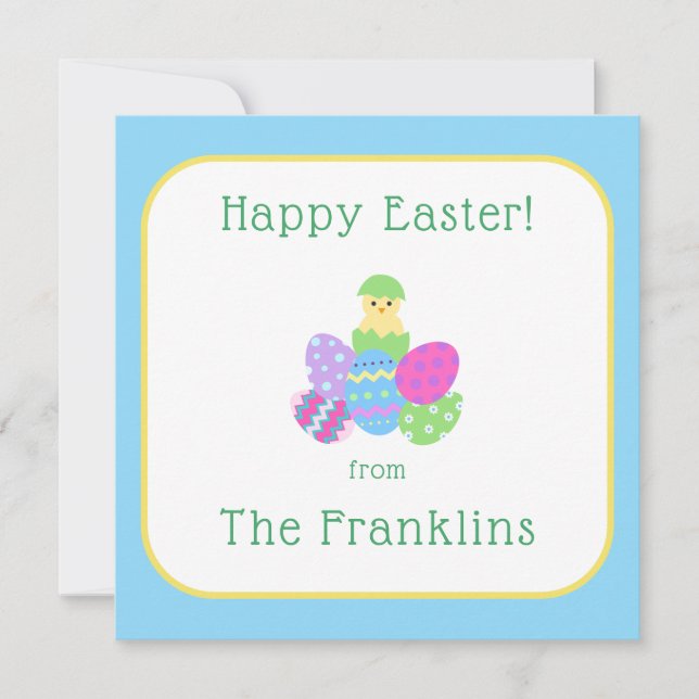 EASTER Chick Eggs and Bright Blue  Note Card (Front)