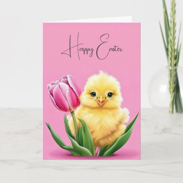 Easter Chick In Pink Tulip Card (Front)