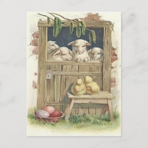 Easter Chick Lamb Barn Colored Painted Egg Holiday Postcard