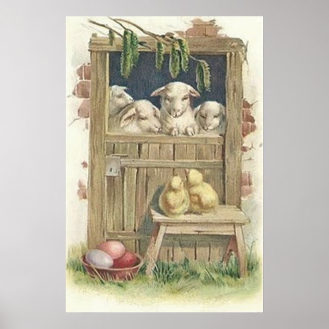 Easter Chick Lamb Barn Colored Painted Egg Poster (Front)