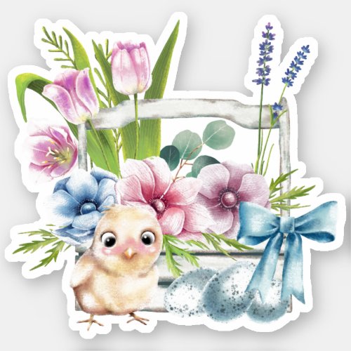 Easter Chick Spring Flowers Eggs Blue Bow Holidays Sticker