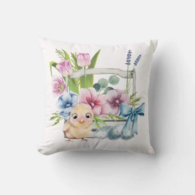 Easter Chick Spring Flowers Eggs Blue Bow Holidays Throw Pillow (Front)