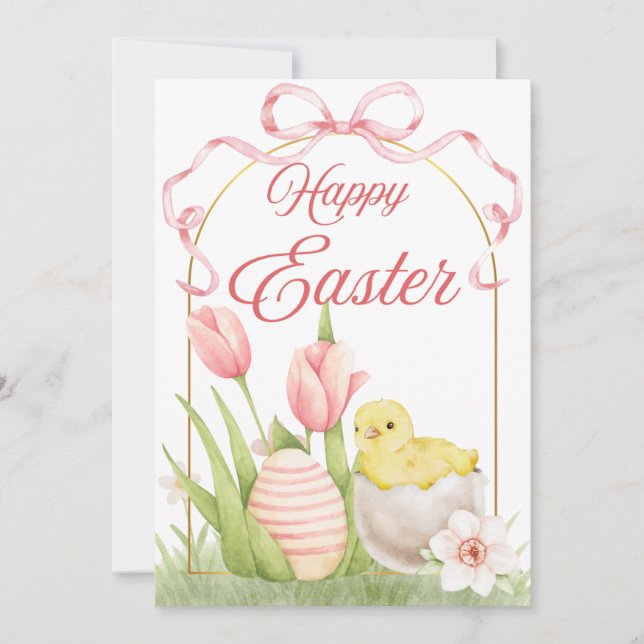 Easter Chick & Tulips Flat Holiday Card (Front)