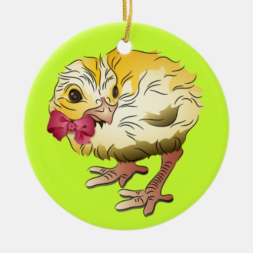 Easter Chick with Pink Bow Ceramic Ornament