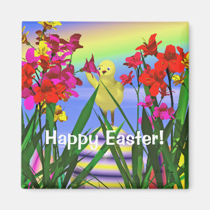 Easter Chicken and Flowers Magnet