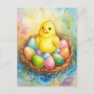 Easter chicken in a nest with eggs Illustration Holiday Postcard