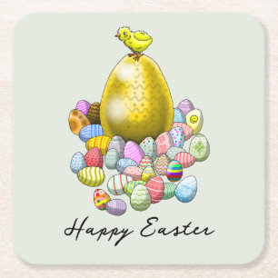 Easter Chicken's Easter Eggs Square Paper Coaster