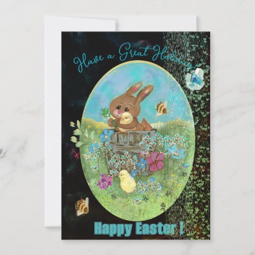 Easter Chicks and Bunny Black Flat Holiday Card