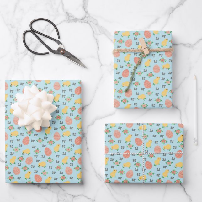 Easter chicks and eggs - in blue. wrapping paper sheets (Front)