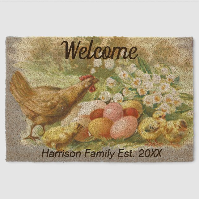 Easter Chicks Custom Family Name Coir Fiber Doormat (Front)