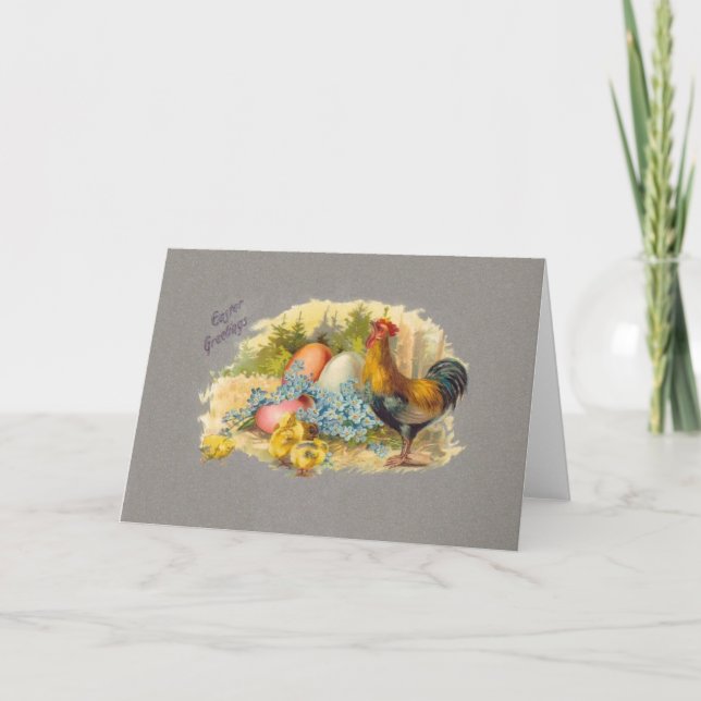 Easter - Chicks, Eggs & Rooster - Antique Postcard (Front)