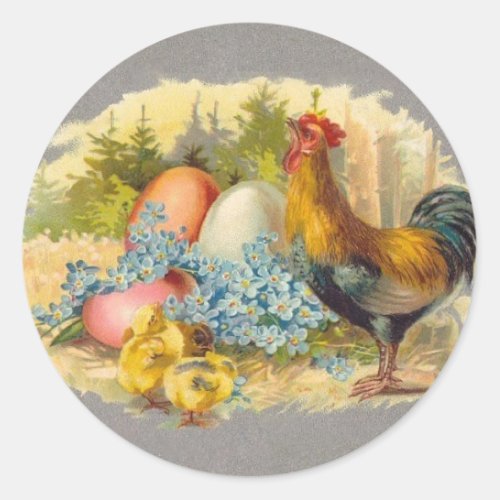 Easter _ Chicks Eggs  Rooster _ Antique Postcard Classic Round Sticker