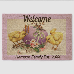 Easter Chicks Family Name Established Welcome Coir Fiber Doormat
