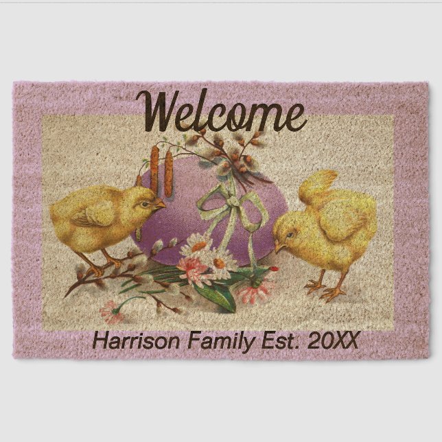 Easter Chicks Family Name Established Welcome Coir Fiber Doormat (Front)