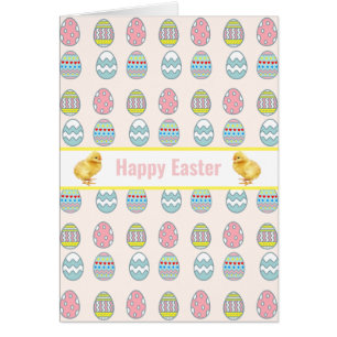Easter Chicks & Multicolor Decorated Eggs on White Cards