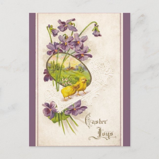 Easter - Chicks Violets & Village Antique Postcard (Front)
