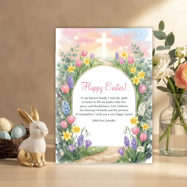 Easter Christian Blessings Cross Spring Flowers Holiday Card (Happy Easter Christian Blessings Personalized Easter Card)