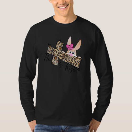 Easter Christian Girls Mom Bunny He Is Risen Leopa T_Shirt