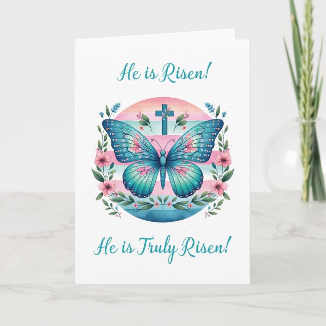 Easter Christian Risen Lord Butterfly in Teal Pink Card (Front)