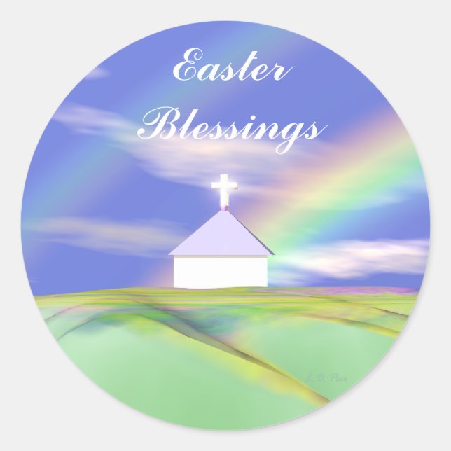 Easter Church and Rainbow Classic Round Sticker (Front)