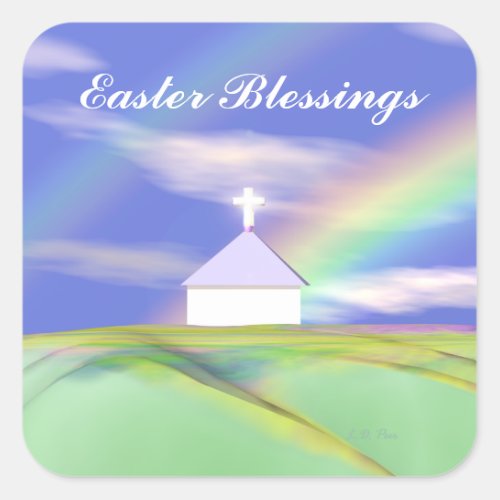 Easter Church and Rainbow Square Sticker