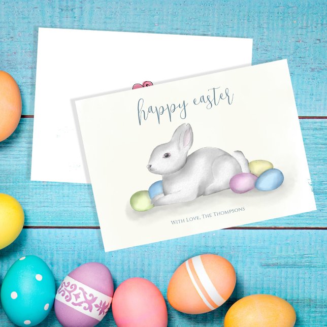 Easter Colorful Pastel Watercolor Bunny  Holiday Card (Happy Easter greeting card with watercolor pastel easter eggs and bunny. )
