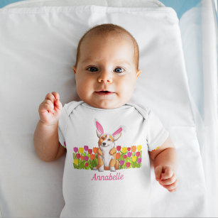 Easter Corgi Bunny Ears Flowers Cute Custom Baby Bodysuit