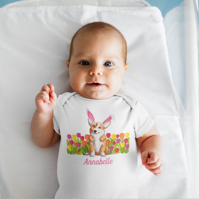 Easter Corgi Bunny Ears Flowers Cute Custom Baby Bodysuit (Creator Uploaded)
