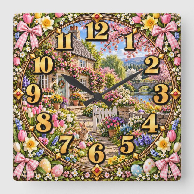 Easter Cottage Garden Bunny Square Wall Clock (Front)