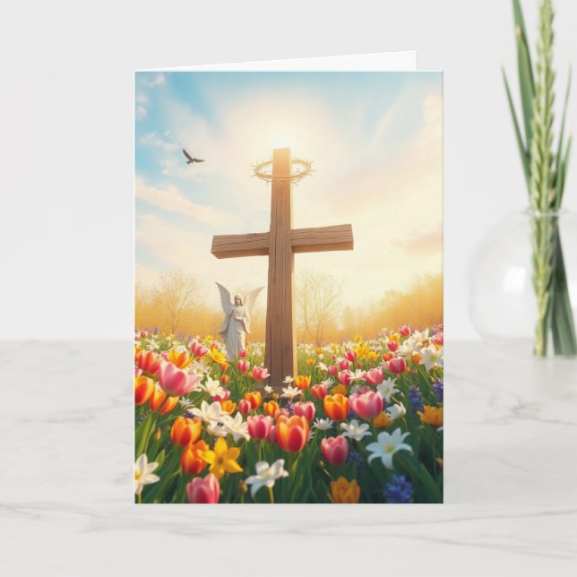 Easter Cross and Angel Statue Holiday Card (Front)