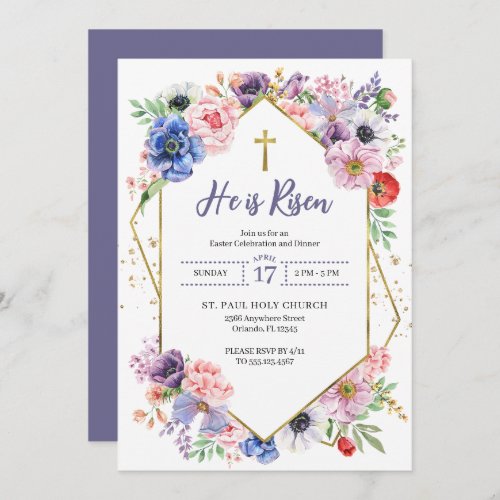 Easter Cross He Is Risen Spring Flowers Invitation