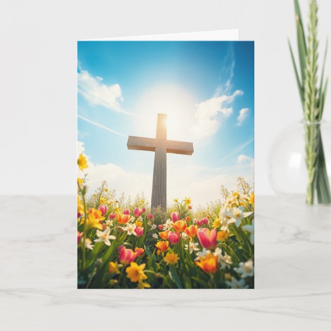 Easter Cross Surrounded by Flowers Holiday Card (Front)