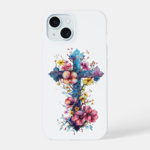 Easter Cross Watercolor Spring Floral Art iPhone 15 Case