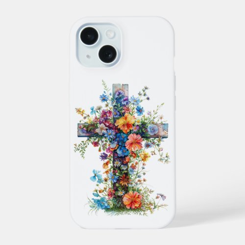 Easter Cross Watercolor Spring Floral Art iPhone 15 Case