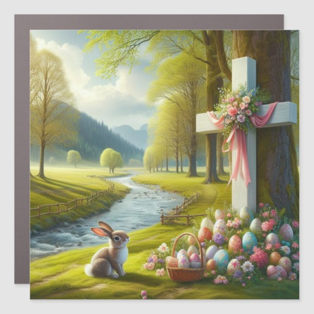 Easter cross with bunny & eggs car magnet (Front)