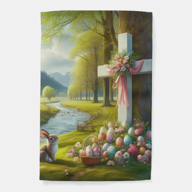 Easter cross with bunny & eggs garden flag (Front)