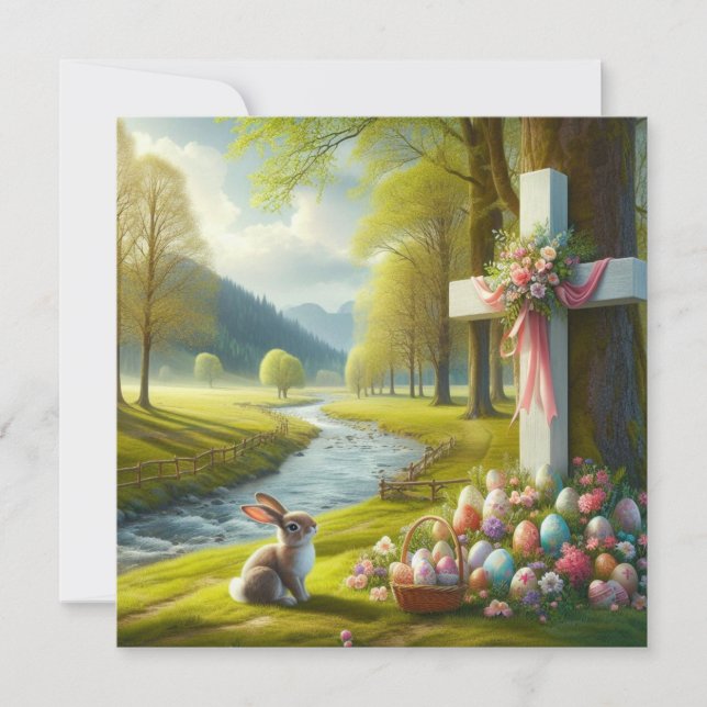 Easter cross with bunny & eggs holiday card (Front)