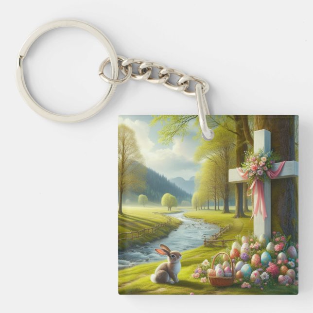 Easter cross with bunny & eggs keychain (Front)