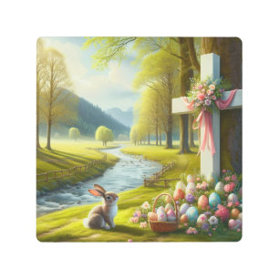 Easter cross with bunny & eggs metal print